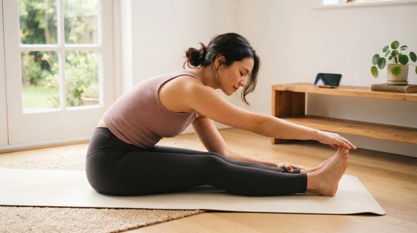 Femeie care se întinde pe un covoraș de yoga într-o cameră luminoasă, cu telefonul lăsat pe un raft în fundal.