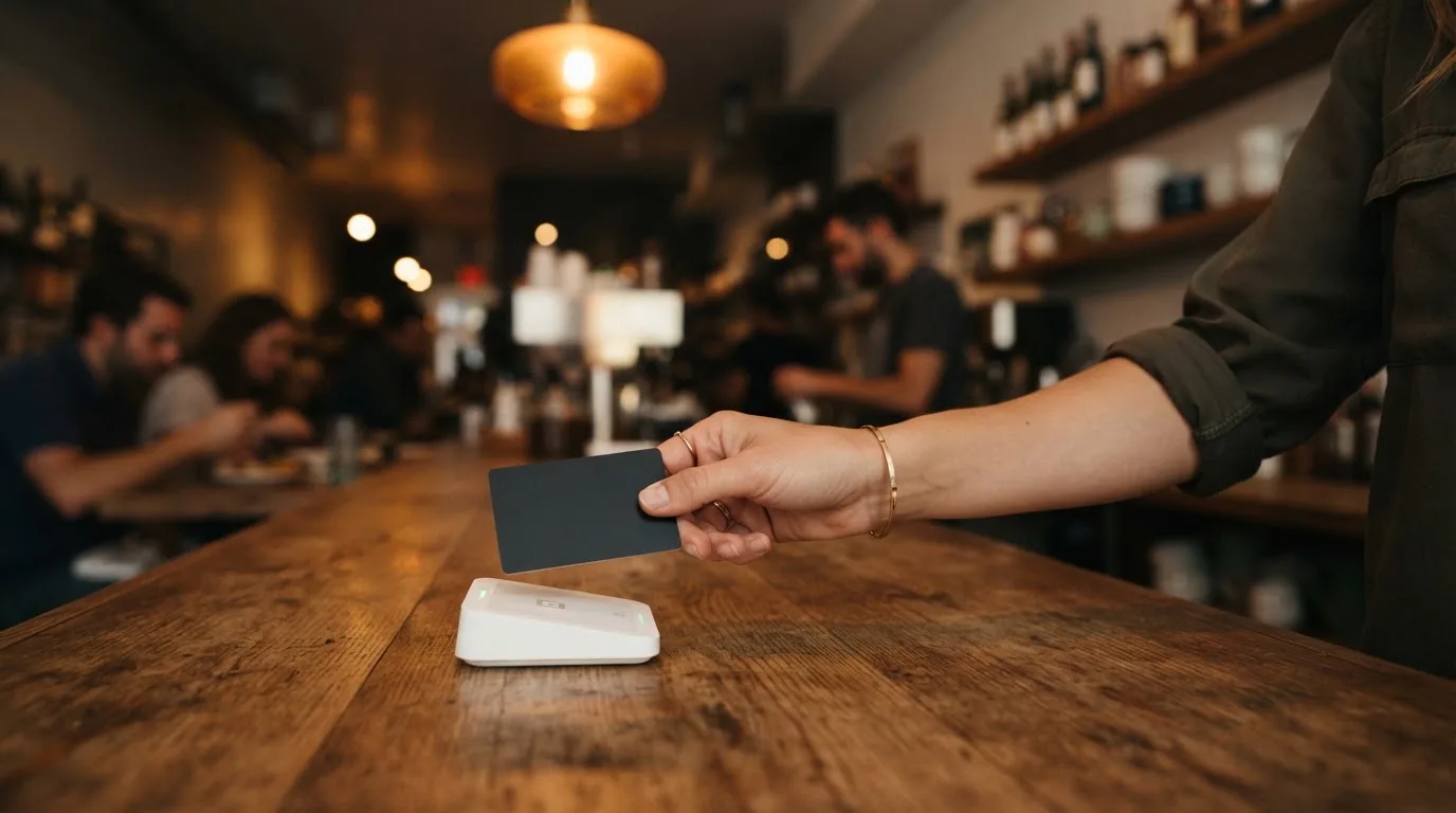 Mână care ține un card bancar de culoare neagră mată deasupra unui cititor de carduri, pe o tejghea de lemn, în lumină caldă.